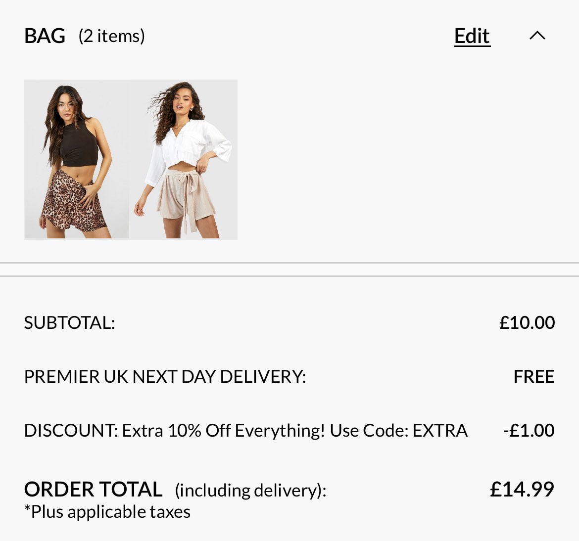 SabsGhani's tweet photo. @boohoo_cshelp so 1 item is £4 the other is £5 and I pay for premier so next day delivery is free. Why are your calculations off? https://t.co/B25XDCHdm9