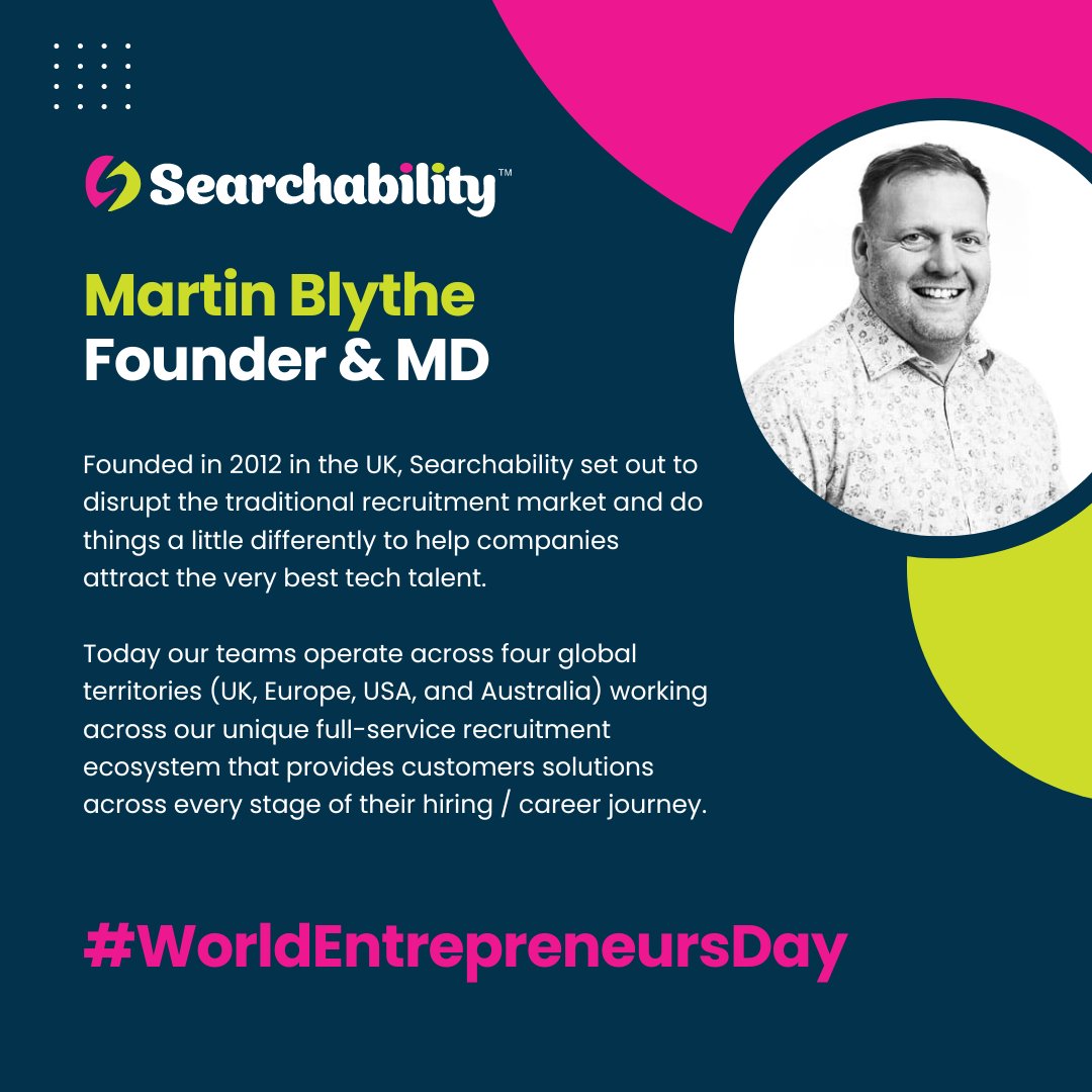 Celebrating World Entrepreneurs Day with Searchability! 🚀

Our Founder - Martin Blythe launched Searchability in 2012 and has since grown the Searchability RECOsystem into what it is today! 

Find out more 🔗ow.ly/PTv550PBovp

#Worldentrepreneursday #Innovation