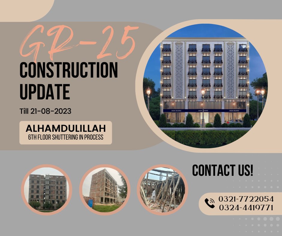 GrDevelopers's tweet photo. GR-25

Construction Update
Till 21-08-2023

BOOK YOUR LUXURY APARTMENST &amp; SHOP TODAY AT 2 YEARS EASY INSTALLMENTS PLAN

CONTACT NOW:-
0321-7722054 - 0324-4419771

#realestateagent #realestateinvestor #realestatelife #realestateforsale #luxuryliving #luxuryrealestate https://t.co/5kEAKA6ayG