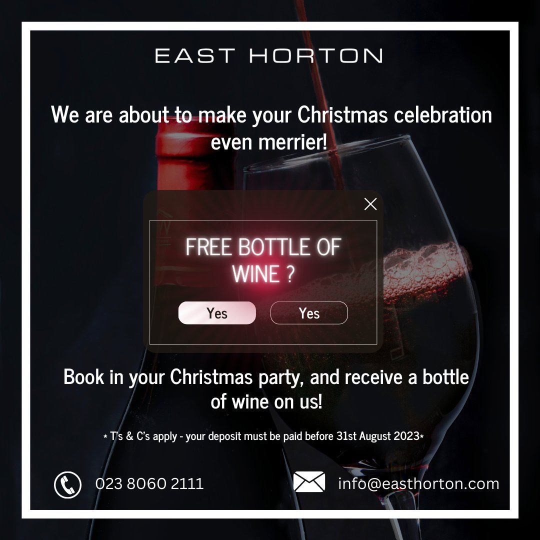 Only one week remaining to snap up a free bottle of wine when you book your Christmas Party! 

If you are ready to rock around the Christmas tree, gather your crew and jingle all the way at East Horton!

.
.
.

#events  #party  #christmas #christmasparty  #southampton #easthorton