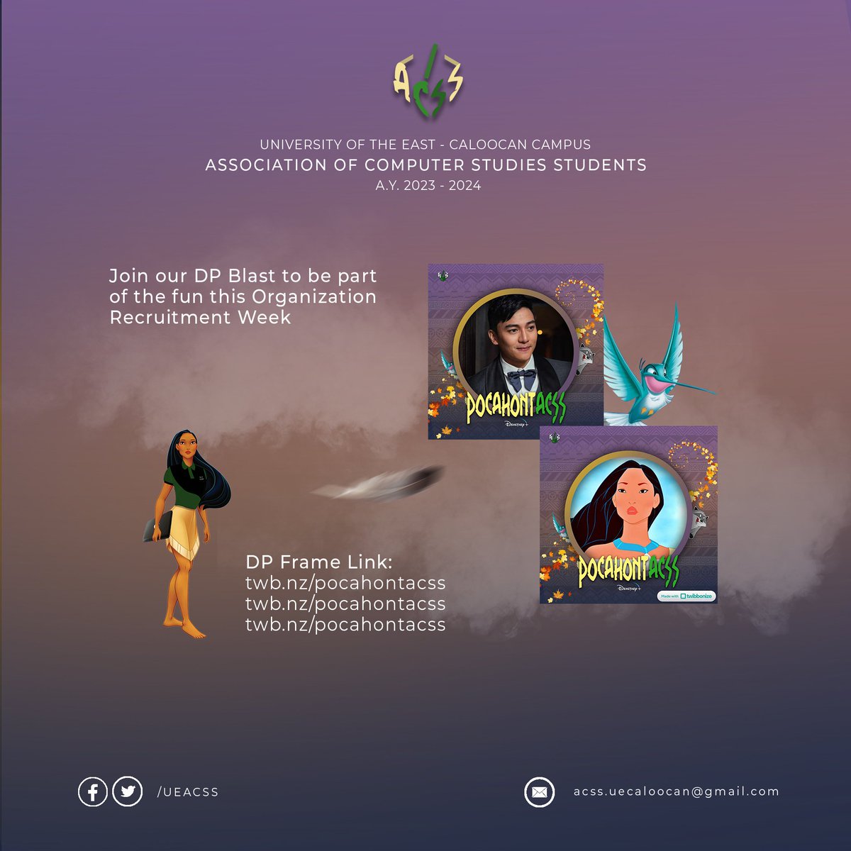 UEACSS's tweet photo. This is PocahontACSS: A Celebration of History's Technology

DP Frame Link: https://t.co/h16rbjJgmU

Membership Form: https://t.co/ygjyYB6SwM

#ACSSelerateYourFuture
#dEASTneyland 
#OrganizationRecruitmentWeek2023
#ACSS2324 https://t.co/d58IbYTeHY