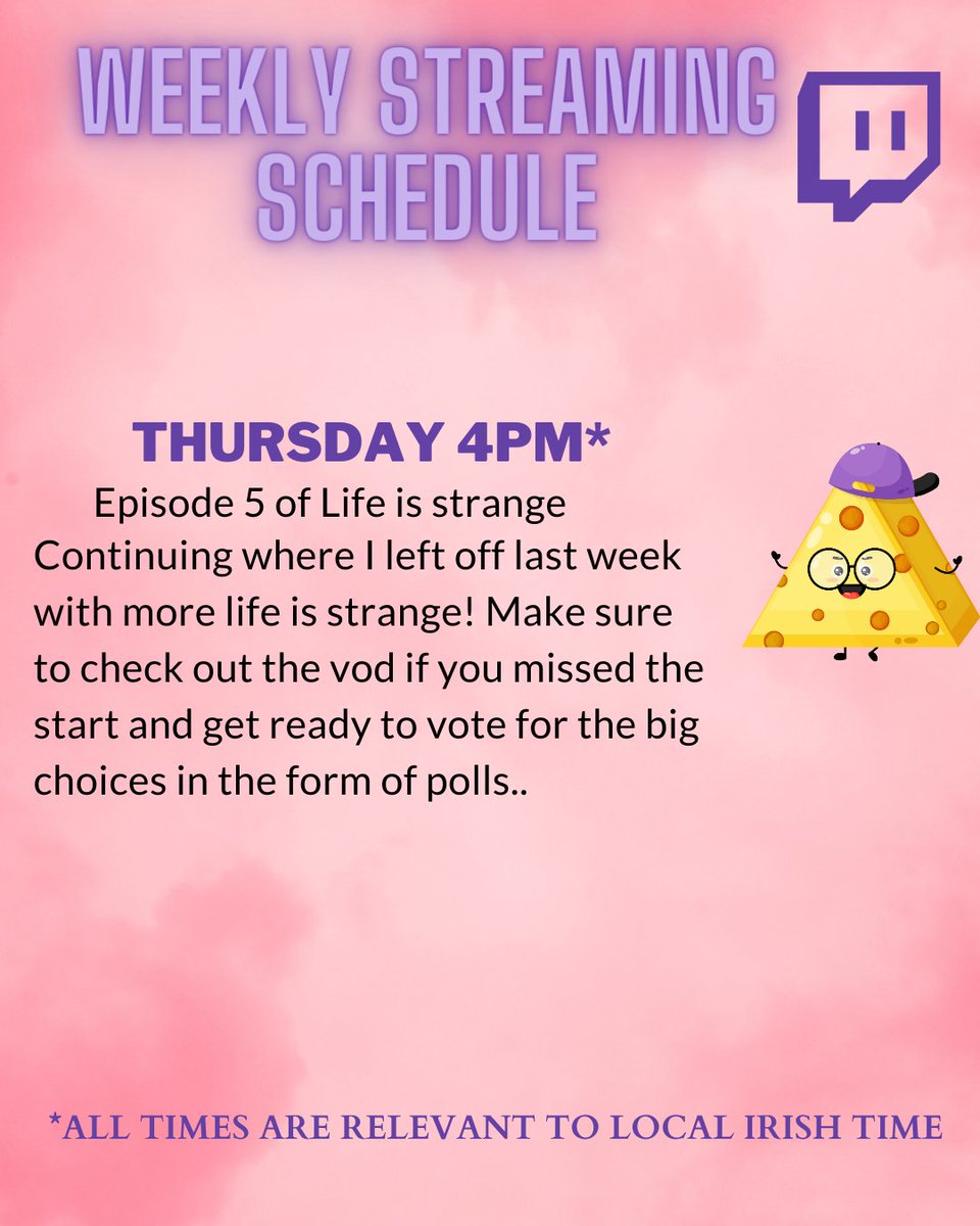 Lowlowcheese's tweet photo. Yes, it's that time again! It's stream schedule time! Taking a bit of a back seat for streaming this week because I've got some stuff going on and I'm still not 100%

That being said I will of course be streaming the final episode of life is strange on Thursday at 4pm! https://t.co/n67iGC51yf