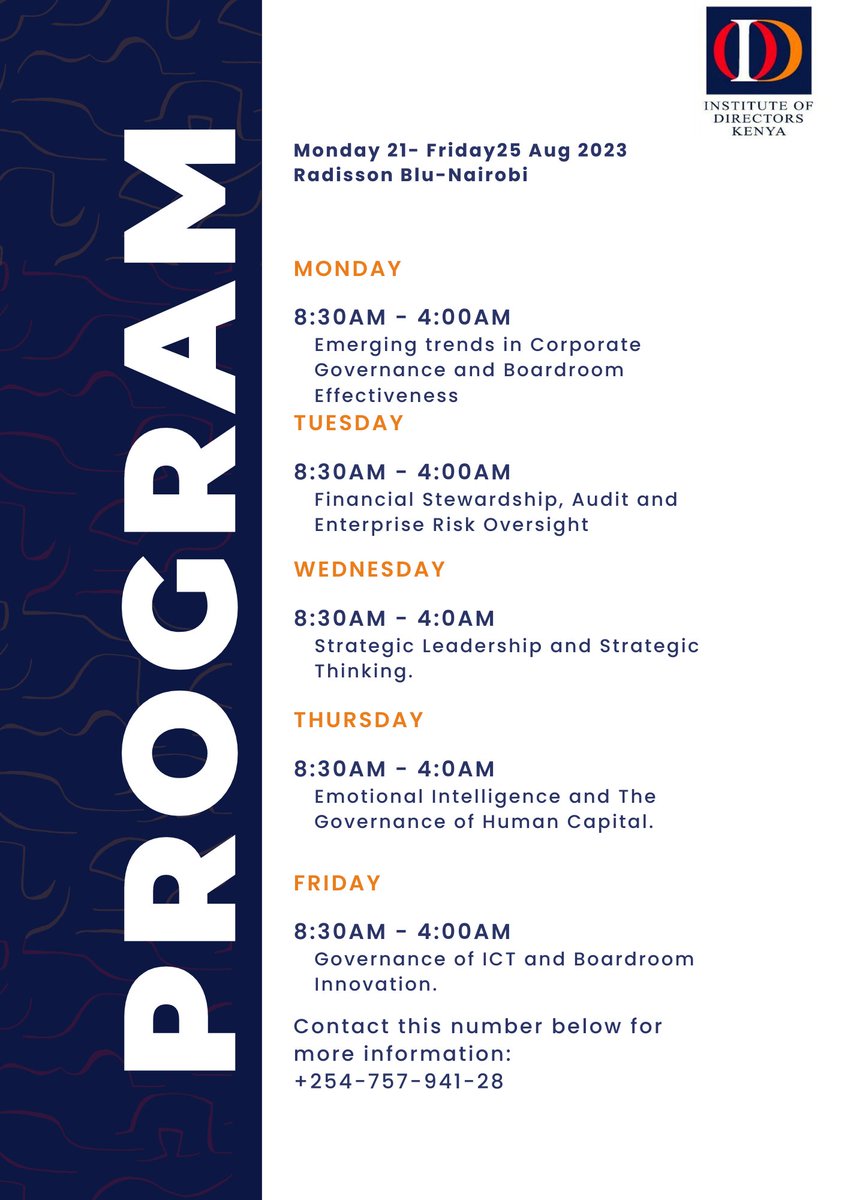 IODKenya's tweet image. Our Advanced Directorship Certification Program is in full swing, running until Friday, August 25th.

📆 Dates: Today - August 25th
📍 Location: Radisson Blu

#directordevelopment