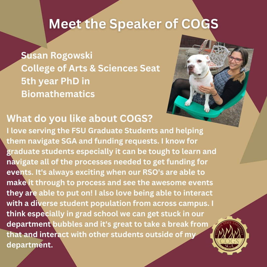 COGSFSU's tweet photo. COGS is excited to welcome everyone back for the fall semester! We will have a mini-series letting you know a little more about our representatives for the next few weeks starting with Speaker Susan Rogowski! https://t.co/FrhsQlOMQc