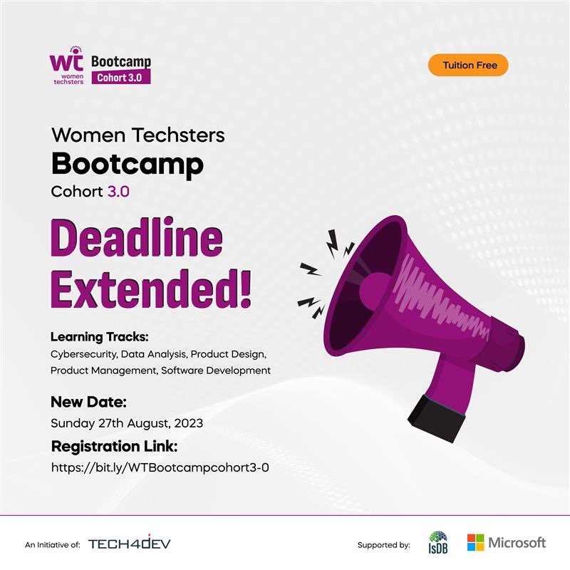 Tech4DevHQ's tweet photo. Hey Future Bootsters! Exciting News Alert! 🌟
 
If you've been busy polishing your application but need a bit more time, we've got awesome news: we're extending the application deadline for the Women Techsters Bootcamp cohort 3.0 by a whole week!
 
#Thread https://t.co/s2egiAI2Z8