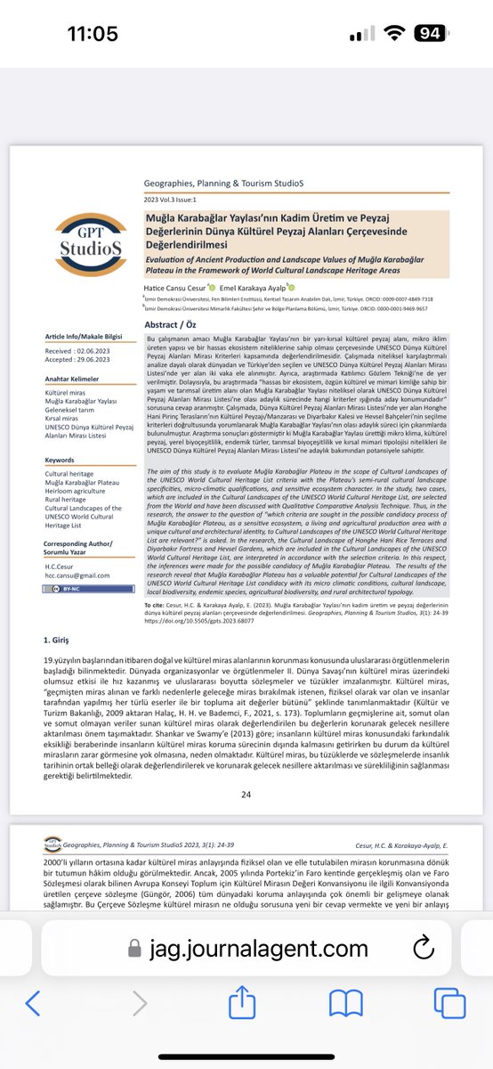 Muğla Karabağlar Yaylası’nın Kadim Üretim ve Peyzaj Değerlerinin Dünya Kültürel Peyzaj Alanları Çerçevesinde Değerlendirilmesi 
Hatice Cansu Cesur&amp;Emel Karakaya Alp 
jag.journalagent.com/gpt-studios/pd…