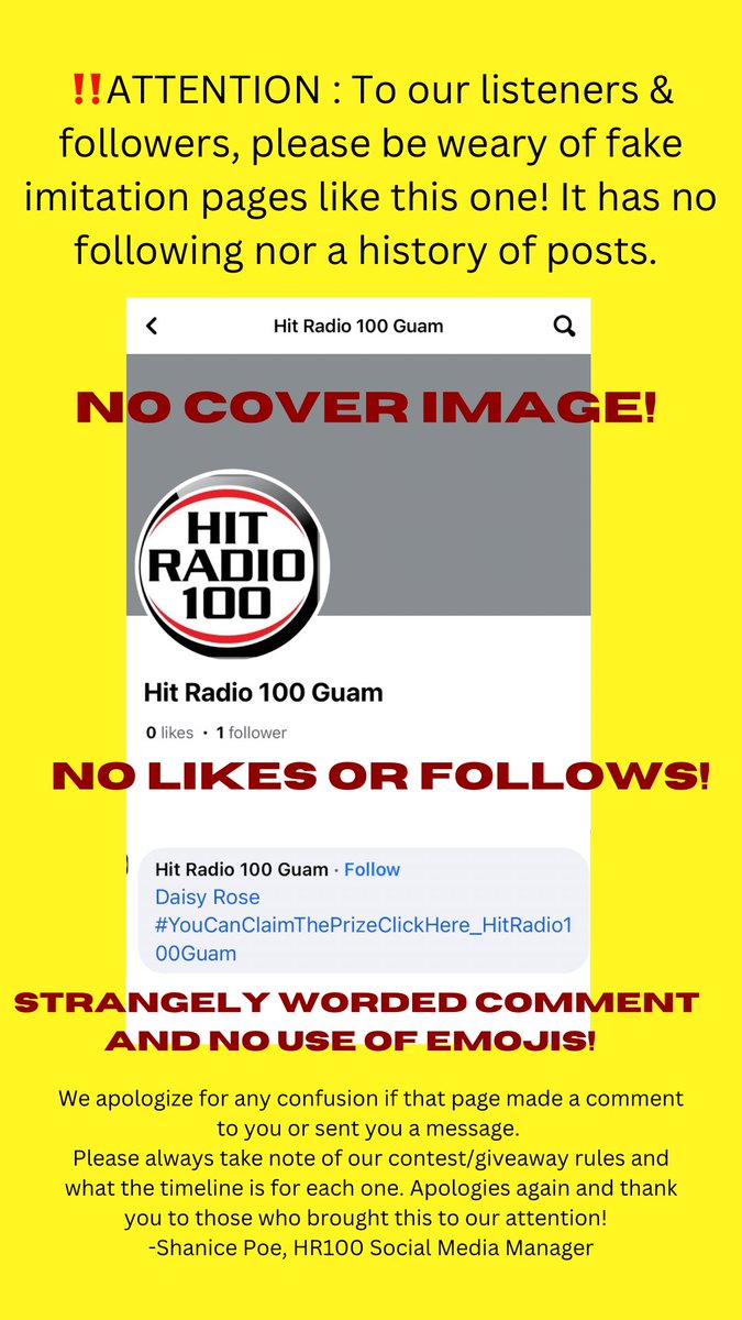 HitRadio100Guam's tweet photo. Welp, we are finally victim to the fake FB account/imitator online 🙄😵‍💫 always check the user/page! 👏🏽
#stayvigilant https://t.co/vfV8MsYY1d