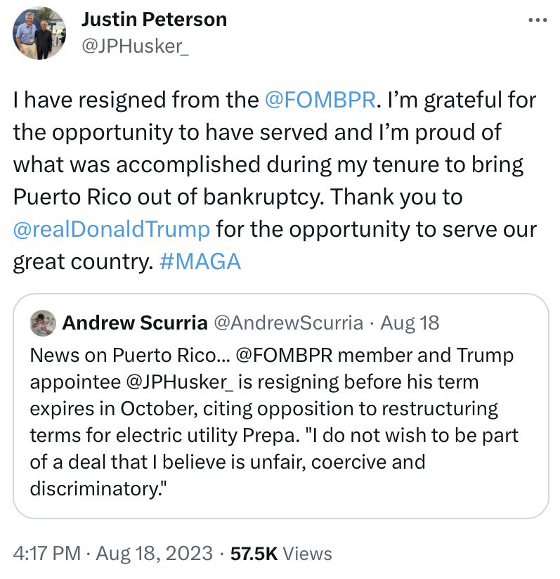 michaelcdeibert's tweet photo. Hey, #PuertoRico's junta fiscal has lost its most racist & reactionary member. Don't let the door hit you on the way out, Justin, y gracias por nada. #fomb https://t.co/pxkJzTBTdZ