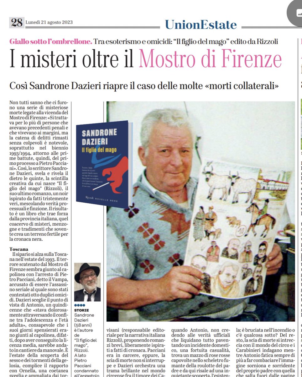 Una serie di morti misteriose, una setta esoterica (citata anche da Angelo Izzo), un’estate infinita all’ombra del Mostro e la scoperta del sesso… Torna Sandrone Dazieri con #ilFigliodelMago @RizzoliLibri e ne scrivo oggi su @UnioneSarda 🌊 #follipergialli