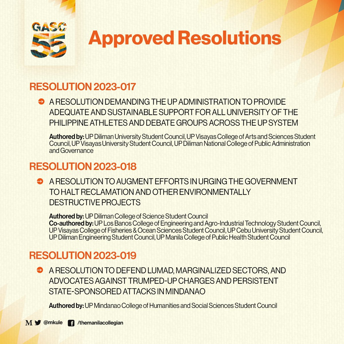 mkule's tweet image. ICYMI: #GASC55 approved 19 resolutions which center on calls for quality and accessible education, academic and democratic spaces, democratic governance,  and protection of human rights at the University of the Philippines Mindanao (UPMin), August 18.