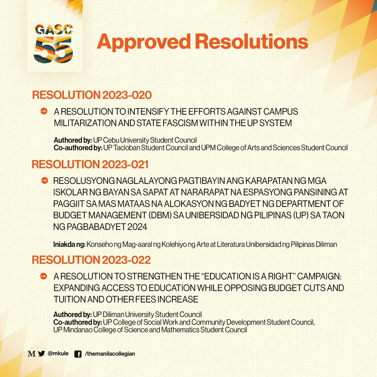 mkule's tweet image. ICYMI: #GASC55 approved 19 resolutions which center on calls for quality and accessible education, academic and democratic spaces, democratic governance,  and protection of human rights at the University of the Philippines Mindanao (UPMin), August 18.