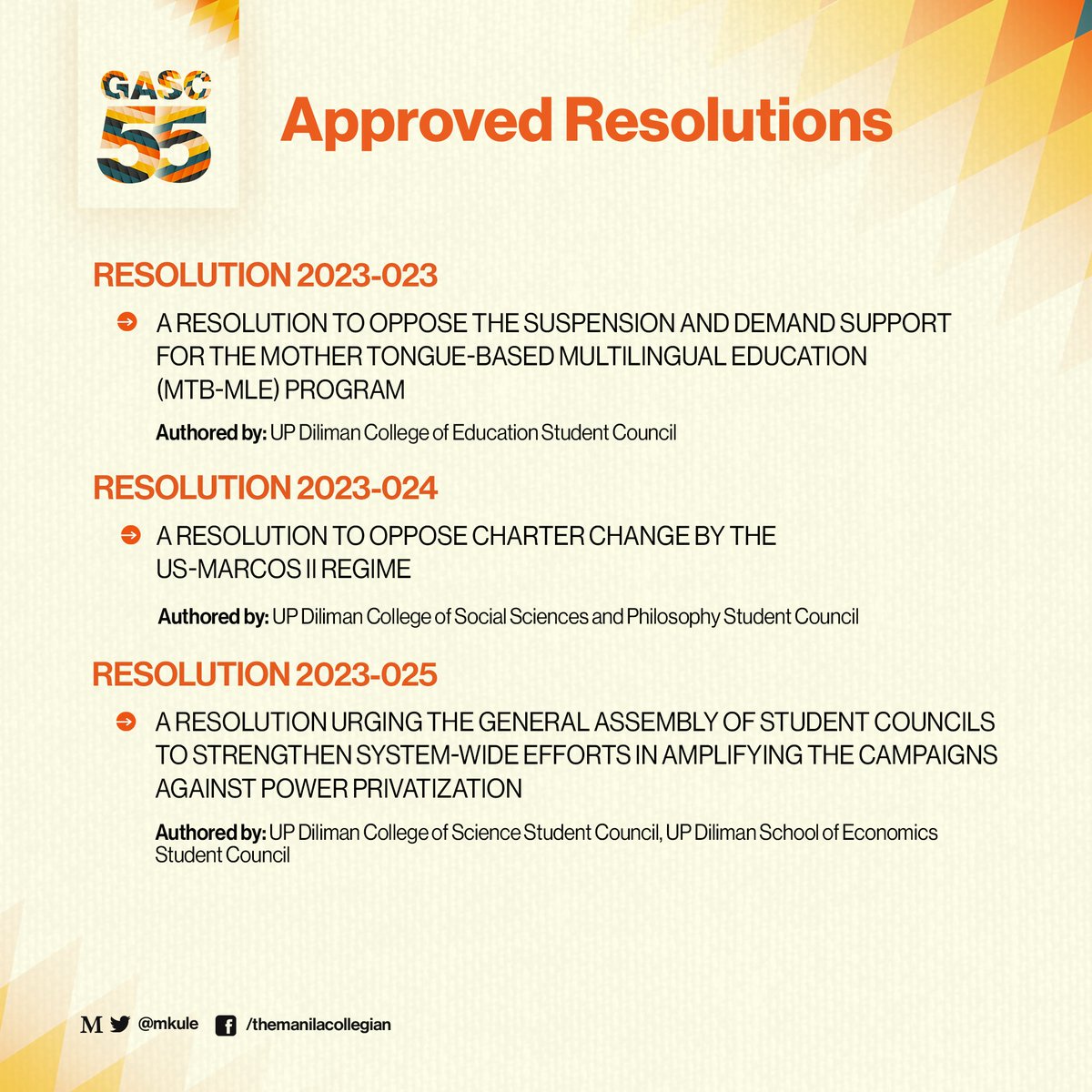 mkule's tweet image. ICYMI: #GASC55 approved 19 resolutions which center on calls for quality and accessible education, academic and democratic spaces, democratic governance,  and protection of human rights at the University of the Philippines Mindanao (UPMin), August 18.