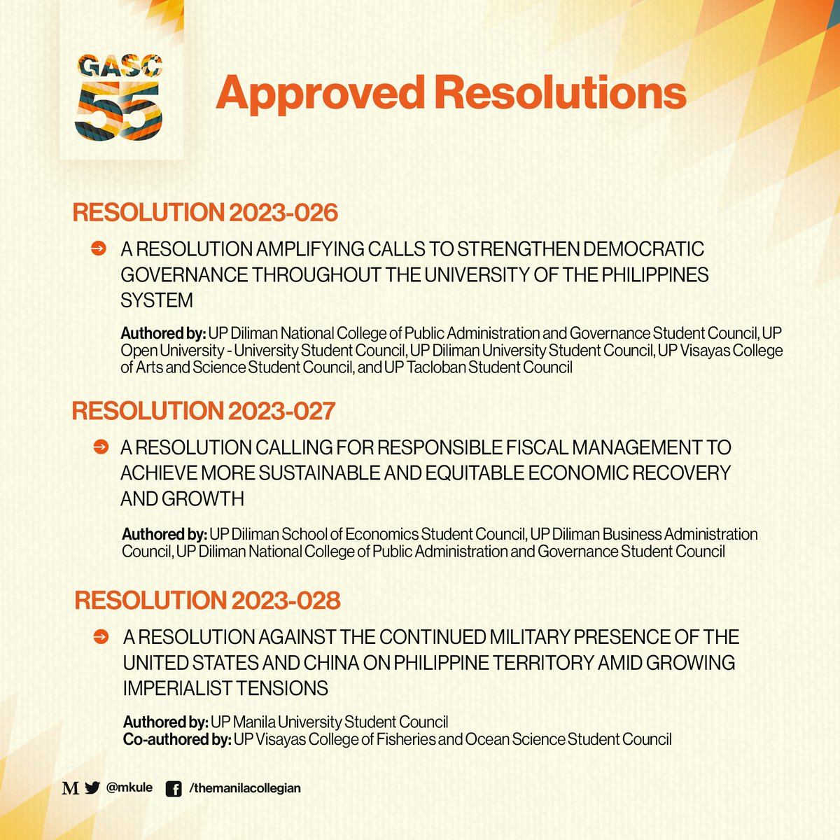 mkule's tweet image. ICYMI: #GASC55 approved 19 resolutions which center on calls for quality and accessible education, academic and democratic spaces, democratic governance,  and protection of human rights at the University of the Philippines Mindanao (UPMin), August 18.