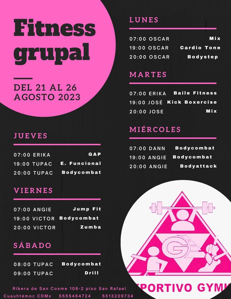 GYMKADEPORTIVA's tweet photo. Horarios Fitness Grupal del 21 al 26 de Agosto del 2023
#fit #fitnessboy #fitnessaddict #fitness #fitnessmotivation #saludybienestar #saludables #lesmillstribe #fitnesspro #fitnessgirl #fitnessboy #bodycombat #bodyattack #bodyattacklove #bodycombatlovers #bodystep https://t.co/MJeGpUazQl