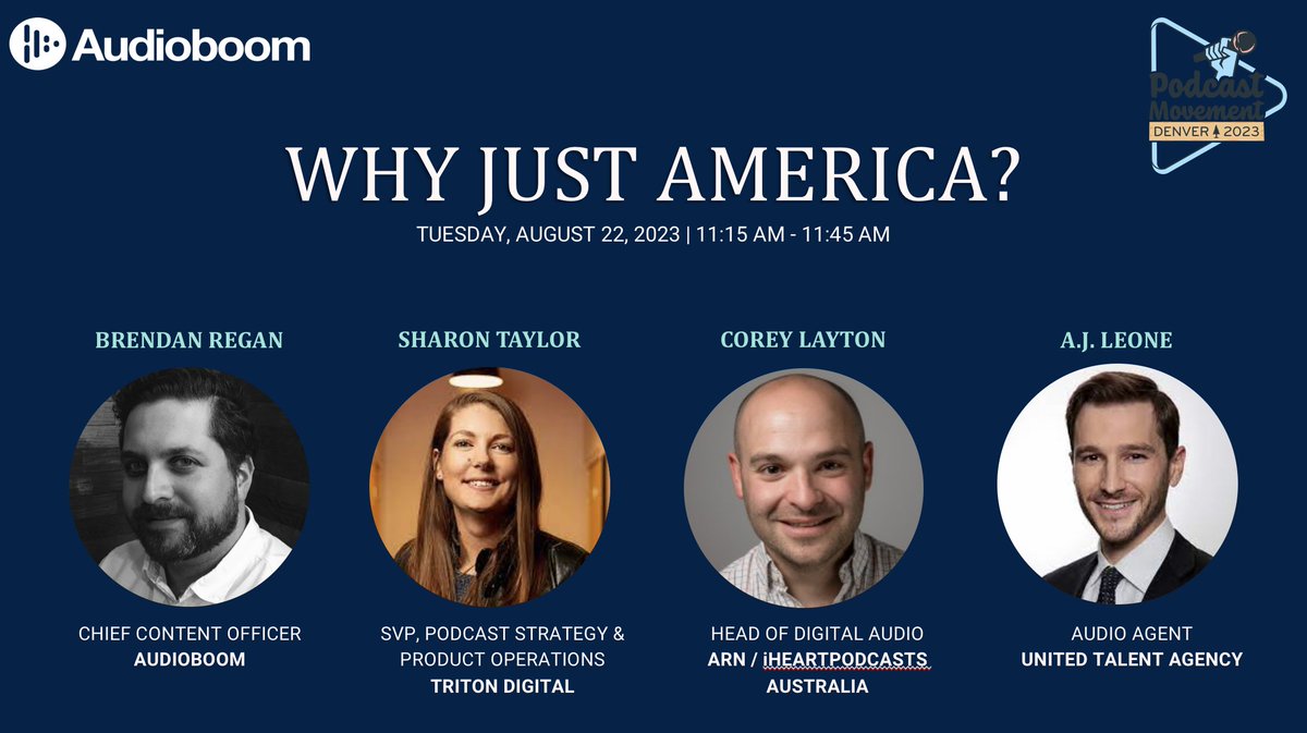 Audioboom (@audioboom) on Twitter photo Calling all <a href="/PodcastMovement/">Podcast Movement</a> attendees! Be sure to join our CCO <a href="/BrendanRegan/">Brendan Regan</a>'s panel tomorrow at 11:15aM, "Why Just America?" #globalmarket #podcasting #PM23 Calling all <a href="/PodcastMovement/">Podcast Movement</a> attendees! Be sure to join our CCO <a href="/BrendanRegan/">Brendan Regan</a>'s panel tomorrow at 11:15aM, "Why Just America?" #globalmarket #podcasting #PM23