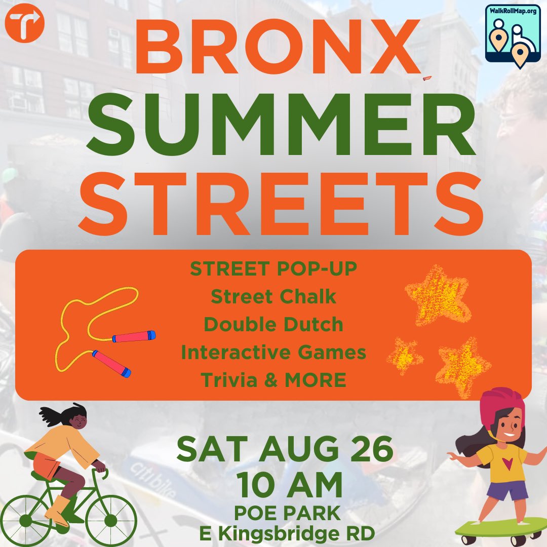 Reminder 🔔 Bronx Summer Streets is this Saturday! We’ll be partnering with Transportation Alternatives at Poe Park. Stop by to learn about WalkRollMap, map your pedestrian concerns, or just say hi! Rumor has it you may even be able to win an elusive WalkRollMap t-shirt 🤫