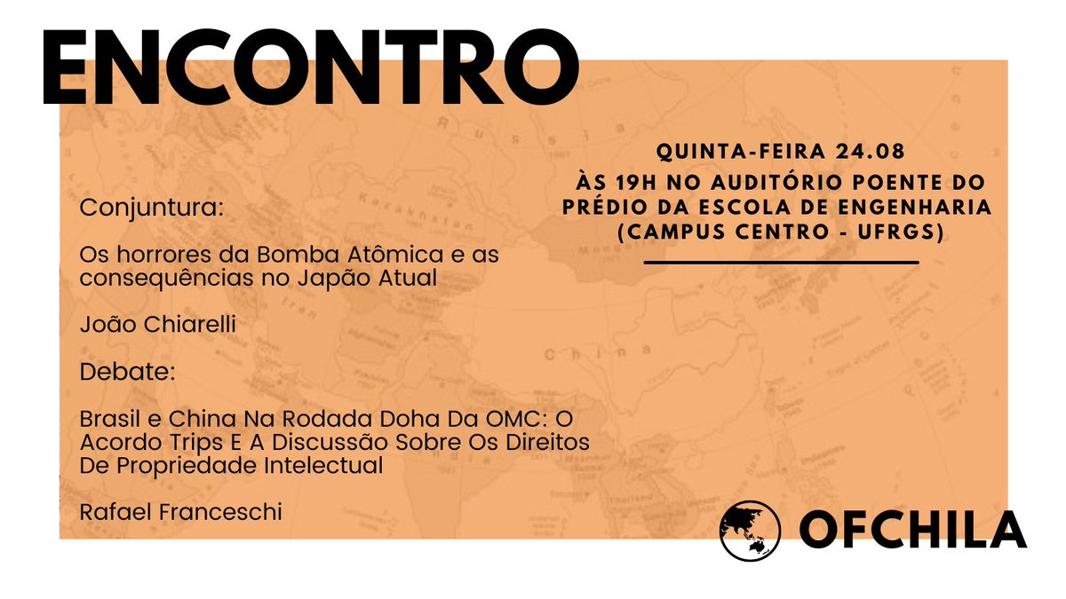 📢 Dia 24.08, às 19h, a <a href="/_ofchila/">OfChiLA</a> realizará mais um encontro neste semestre!     

📷 Receberemos João Chiarelli e Rafael Franceschi para uma apresentação de conjuntura e um debate! 

Nos encontraremos no Prédio Centenário da Escola de Engenharia - UFRGS