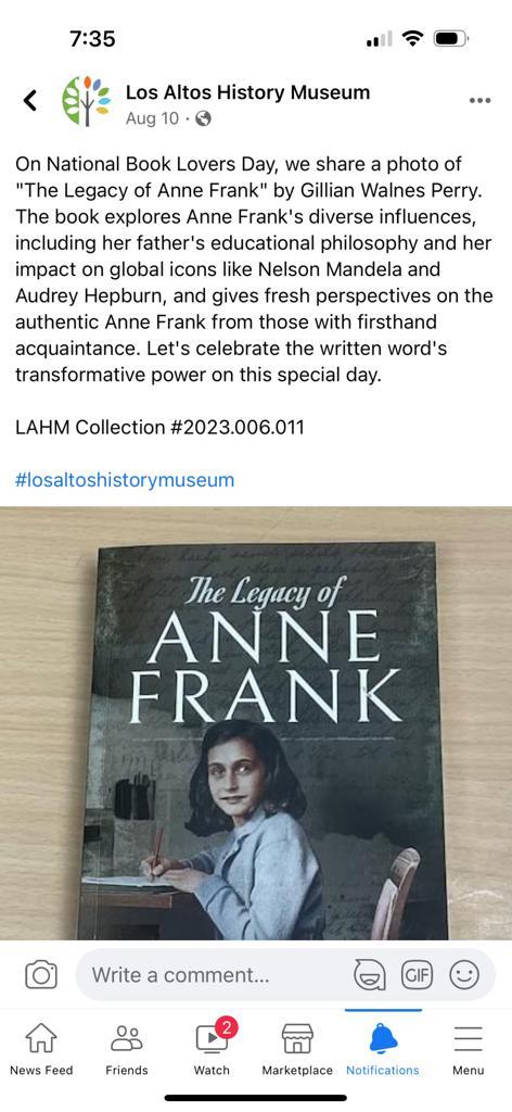 Oh wow! Thank you for this Los Altos History Museum @losaltoshistory, which I had the pleasure of visiting and speaking at in July 2019. #bookloversday #nationalbookloversday

#annefrank #annefranklegacy @annefrankcenter <a href="/annefrankhouse/">Anne Frank House</a> <a href="/annefranktrust/">Anne Frank Trust</a> <a href="/penswordbooks/">Pen & Sword Books</a>