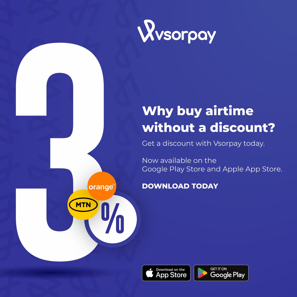 vsorpay's tweet photo. Happy New Week Fam🤭! 
Grab this special discount for all MTN &amp; ORANGE Cameroon subscribers! 3% off your airtime &amp; data bundles! 
Download the Vsorpay app today! 
#DownloadNow #googleplaystore #appleappstore
https://t.co/jSCxB8Zix3 https://t.co/oO96aOOsED