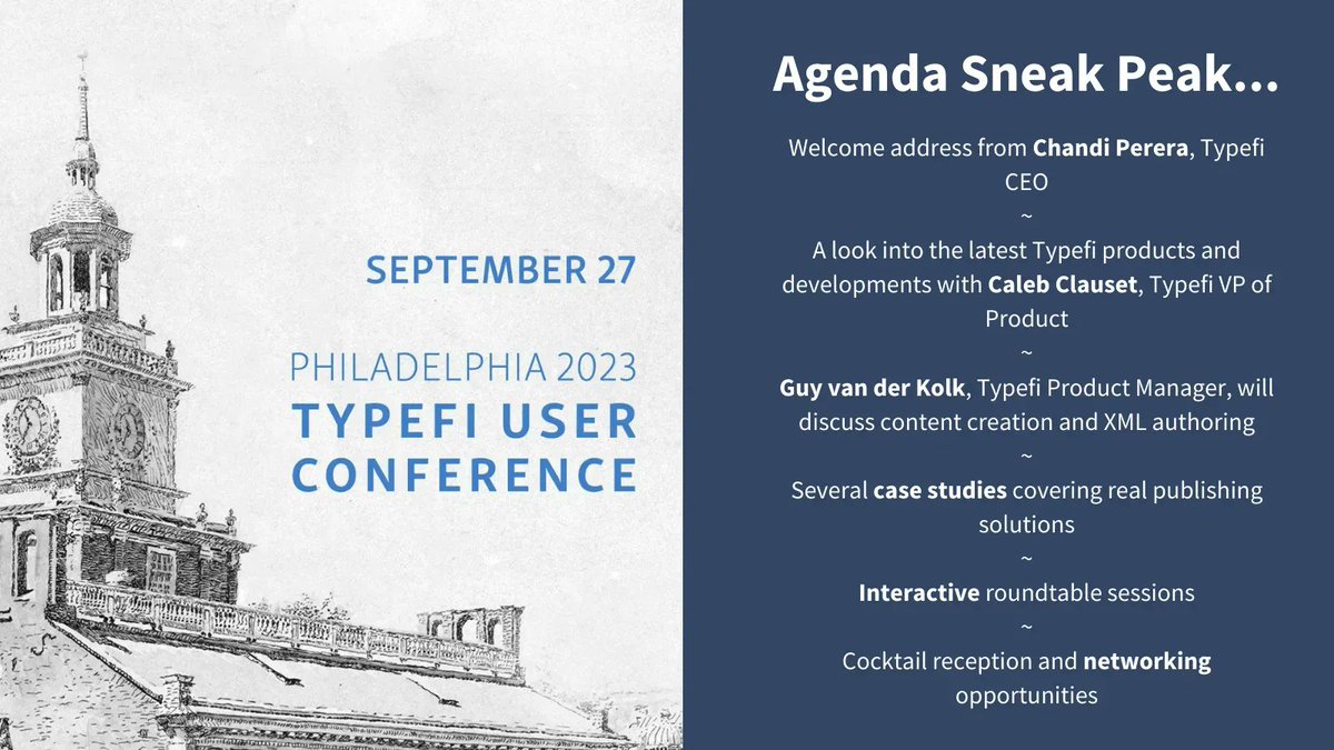 typefi's tweet image. Have you seen the agenda for the #TypefiUserConference2023?

From interactive sessions to the latest updates, this is the perfect opportunity to network with other users, and help guide what’s coming next from Typefi.

Spaces are limited so sign up today: buff.ly/42i2WMf