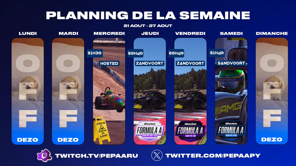Planning de la semaine!

Qui dit reprise de la F1 dit reprise des GrandTour Rendez vous Jeudi et vendredi 21h pour le Grand Prix de Zandvoor. 🚀

Prenez soin de vous et a mercredi pour L'hosted qui tourne mal.🤠