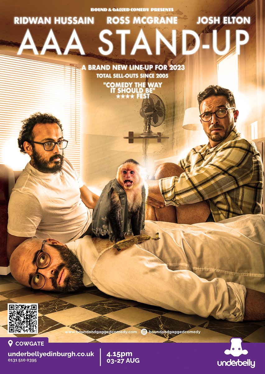 Our must-see line-up for #AAAStandUp at
<a href="/FollowTheCow/">Underbelly Edinburgh</a> is <a href="/RossMcGrane/">Ross McGrane</a>, Ridwan Hussain and <a href="/OnlyJoshing/">Josh Elton</a>.

Catch them at 4.15pm at Underbelly, Cowgate.  

🎟️🎟️🎟️ buff.ly/3WU1zlk

<a href="/edfringe/">Edinburgh Festival Fringe</a>

#Edfringe