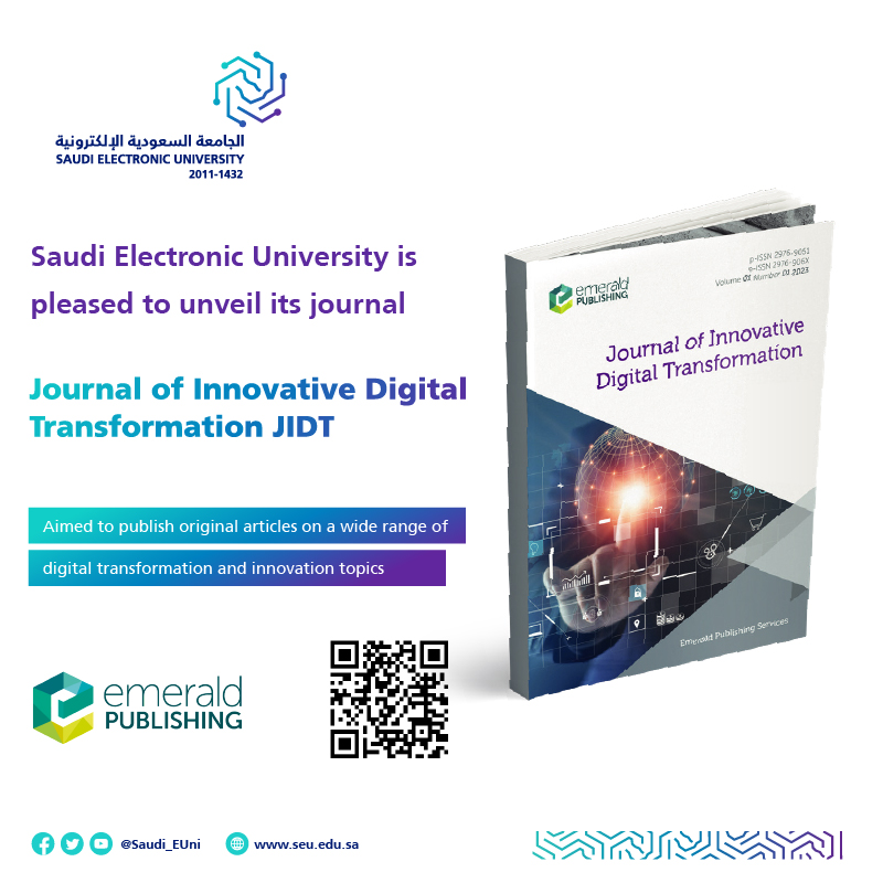 Saudi_EUni's tweet photo. 📰 #SEU is launching its scientific journal "Journal of Innovative Digital Transformation #JIDT" providing original articles on a wide range of digital transformation and innovation topics

#SEU_2025