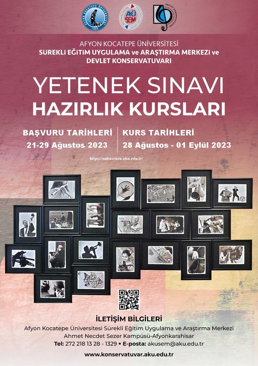 Afyon Kocatepe Üniversitesi Devlet Konservatuvarı Yetenek Sınavı Hazırlık Kursları başlıyor!📢📢

Başvuru tarihleri: 21-29 Ağustos 2023
Kurs tarihleri: 28 Ağustos - 1 Eylül 2023

Ayrıntılı bilgi ve ön başvuru için⤵️

akusem.aku.edu.tr/afyon-kocatepe…