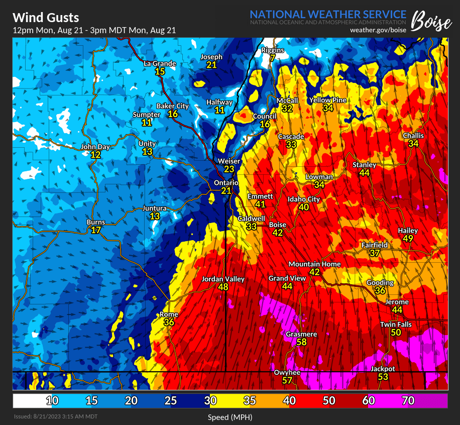 Heavy rain is ramping up in E Oregon &amp; far W Idaho, with flooding possible. Strong winds for SW Idaho later this morn/aftn. Thunderstorms this aftn/eve.
Graphics:
1. Current radar
2. Latest 24 hr rainfall totals
3. Forecasted rainfall today
4. Strong wind gusts today
#IDwx #ORwx