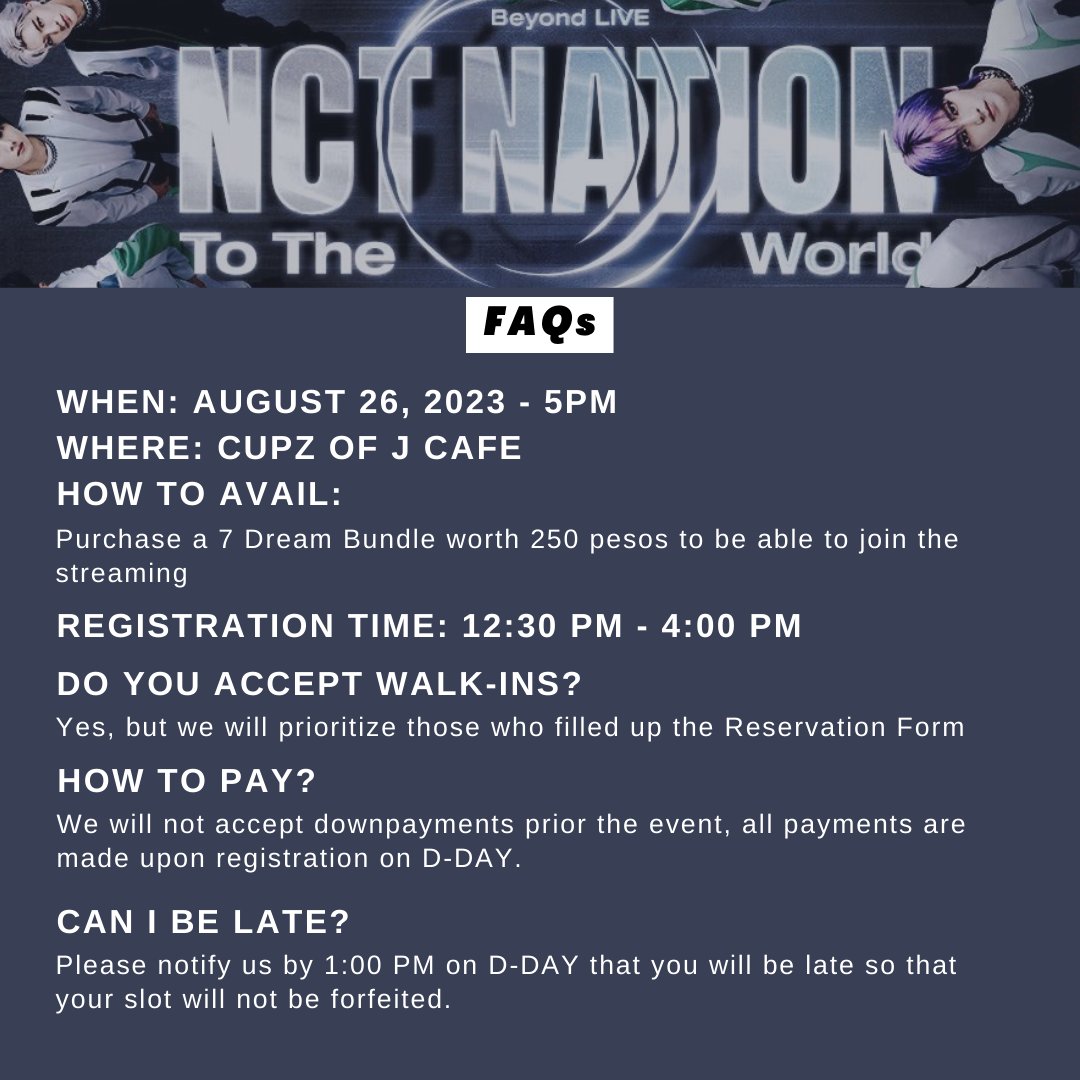 DreamieNoonas's tweet photo. Here are the FAQs for each event happening this August 26-27, 2023.

#BindingBrokenMelodies_7DREAM #SuperCuteAdventures2023 #NCT_NATION_ToTheWorld https://t.co/GA9td6TVJe