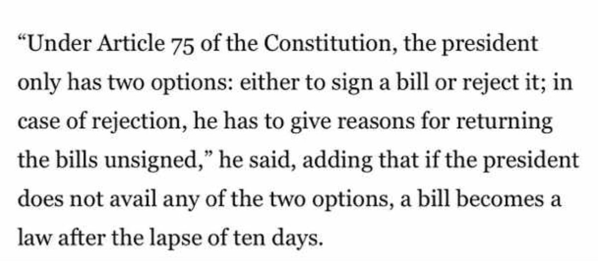 This case falls under Article 75 (1), which in no way states that “The amendment would become a law without president’s assent within 10 days” -even if he fails to return it.

#PresidentofPakistan