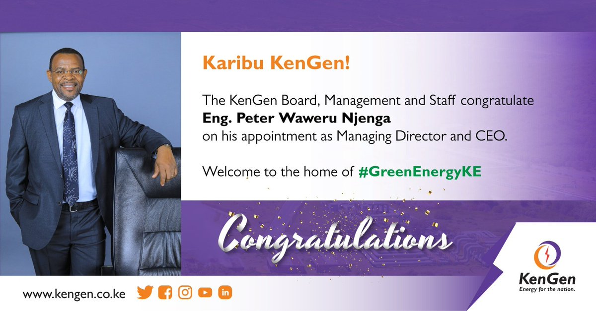 ayoti_bob's tweet photo. Proud to be part of the KenGen family as we welcome Eng. Peter Njenga as our new MD and CEO!๐๐
Exciting times ahead as we continue to lead in the #GreenEnergyKE sector. Congratulations to Eng. Peter on this new chapter, and here's to a future of growth and success! #TeamKenGen https://t.co/8bXEnOF4Pt