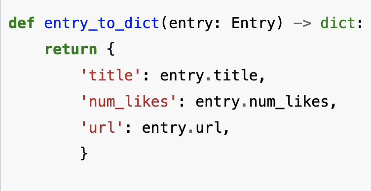 powerfulpython's tweet image. Levels of Python type annotations
Python has optional type annotations - also called "type hints". Like this:
The annotations here being "Entry" as the type for the "entry" argument, and "dict" as the return type.
In fact, there are at least 3 ways type annotations can be…