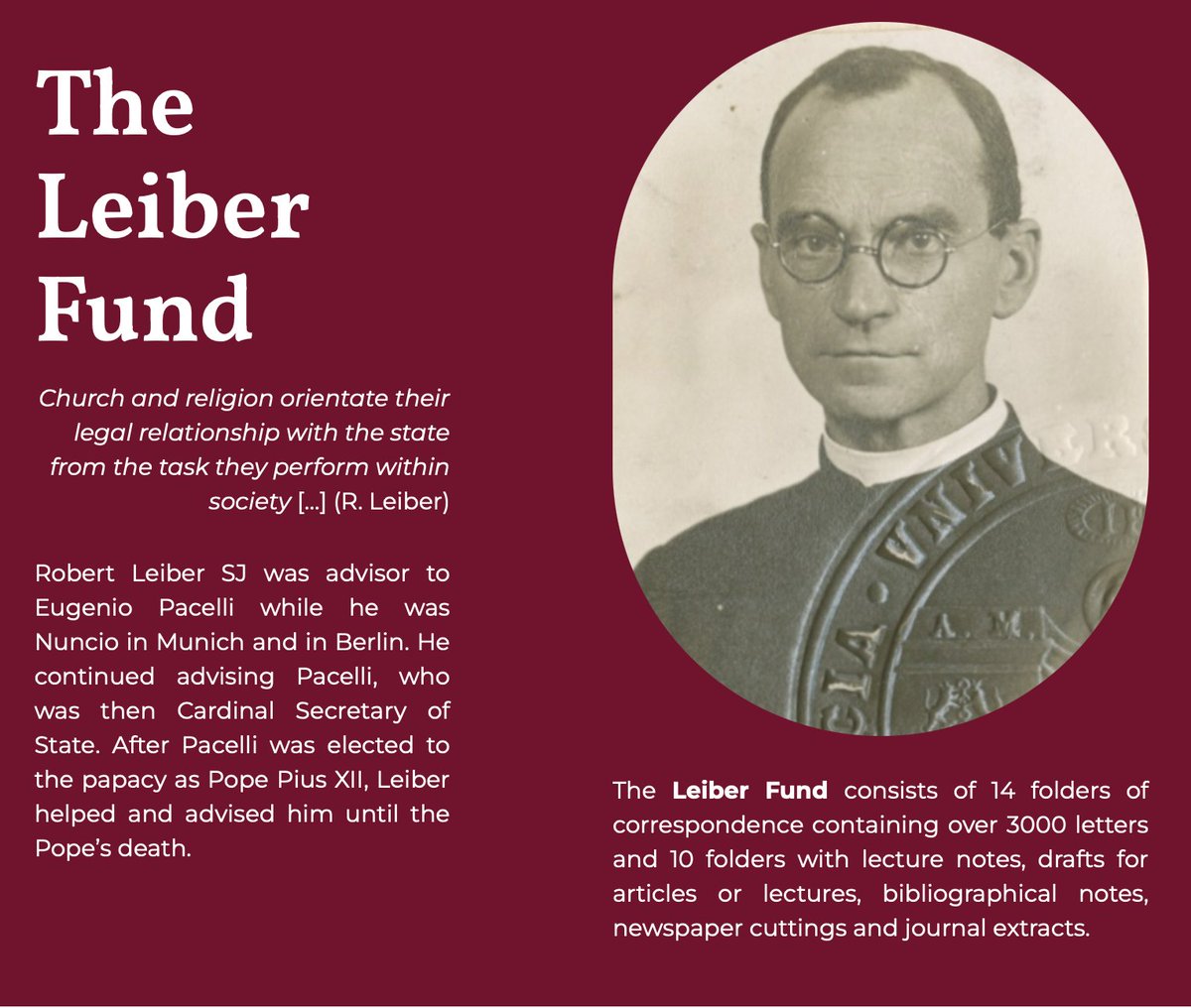 ArchivesPUG's tweet photo. Focus on: The Leiber Fund, An unexplored archive.
Robert Leiber SJ was advisor to Eugenio Pacelli. After Pacelli was elected to the papacy as Pope #Pius_XII, Leiber helped and advised him until the Pope’s death. https://t.co/dsAv9Elocl https://t.co/bABzSoUvzL