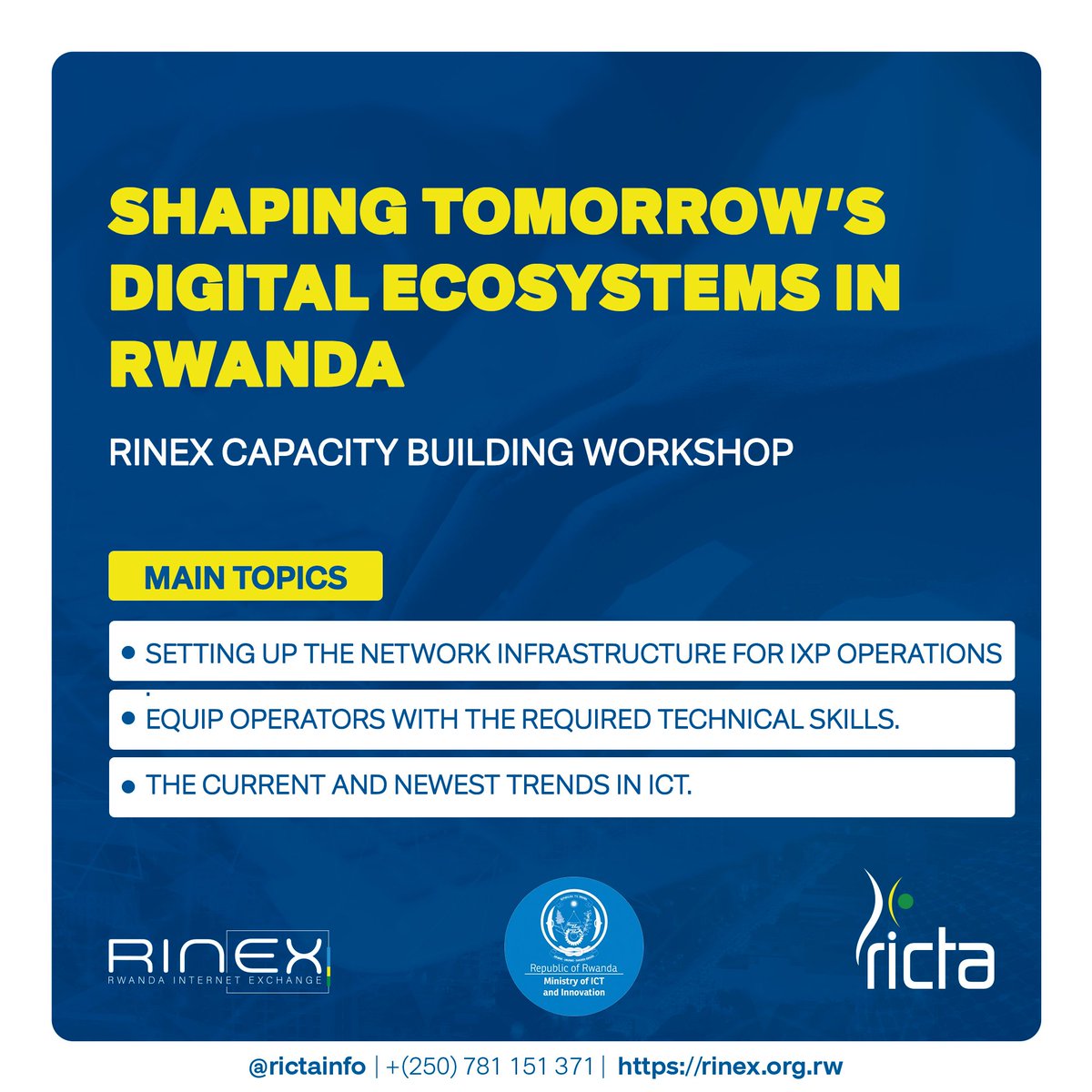 RICTAInfo's tweet image. 🚀 Exciting News! The CAPACITY BUILDING Workshop for Engineers on RINEX Infrastructure. We&apos;ll uncover the technical insights behind Internet Exchange Points and their role in Rwanda&apos;s digital landscape. Learn more on rinex.org.rw💡 #RINEXWorkshop #TechnicalInsights