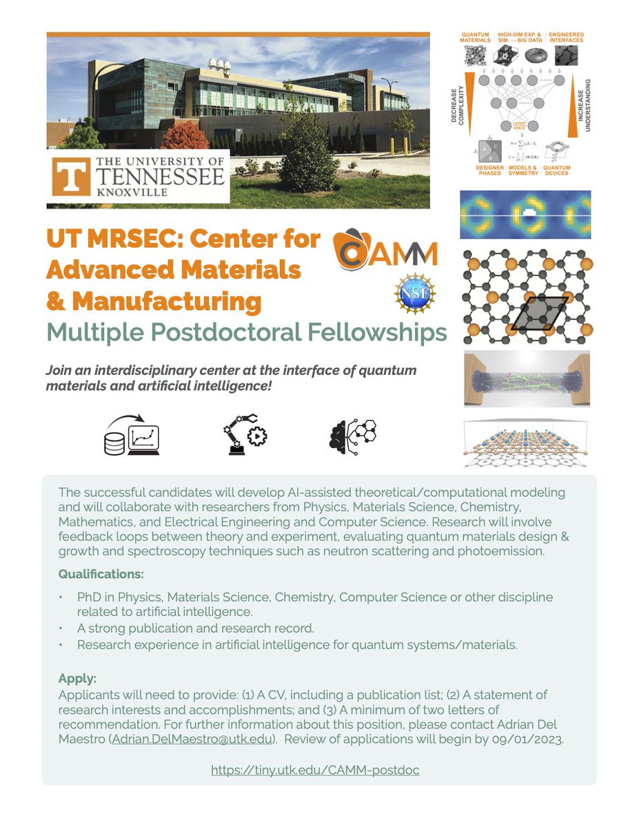 We have multiple postdoctoral fellowships available at the interface of quantum materials and artificial intelligence. Come join the newly created Center for Advanced Materials & Manufacturing @UTKPhysAstro @UTKnoxville tiny.utk.edu/CAMM-postdoc