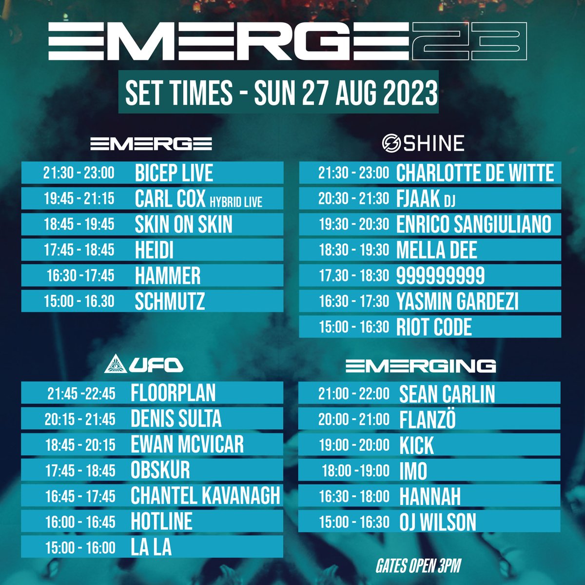 Your #Emerge23 set times 𝗮𝗿𝗲 𝗵𝗲𝗿𝗲! ⚡️ Screen shot to keep on your phone to plan your weekend!

*Times are subject to change