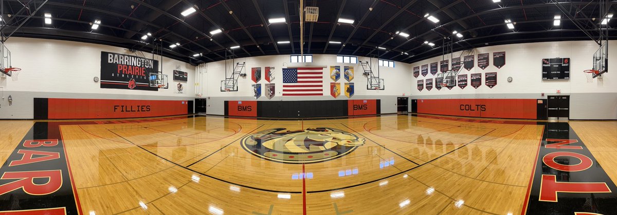 bgillette220's tweet photo. So excited to get to show off my “little” summer project for our ⁦⁦⁦@Prairie220⁩ students! New paint, all new glass backboards, new team record boards, new graphics, a squeaky clean floor &amp; a Wall of Triumph! ⁦@barrington220⁩ #PrairiePride #Unifiedfor50 https://t.co/RiqRBdKRC8