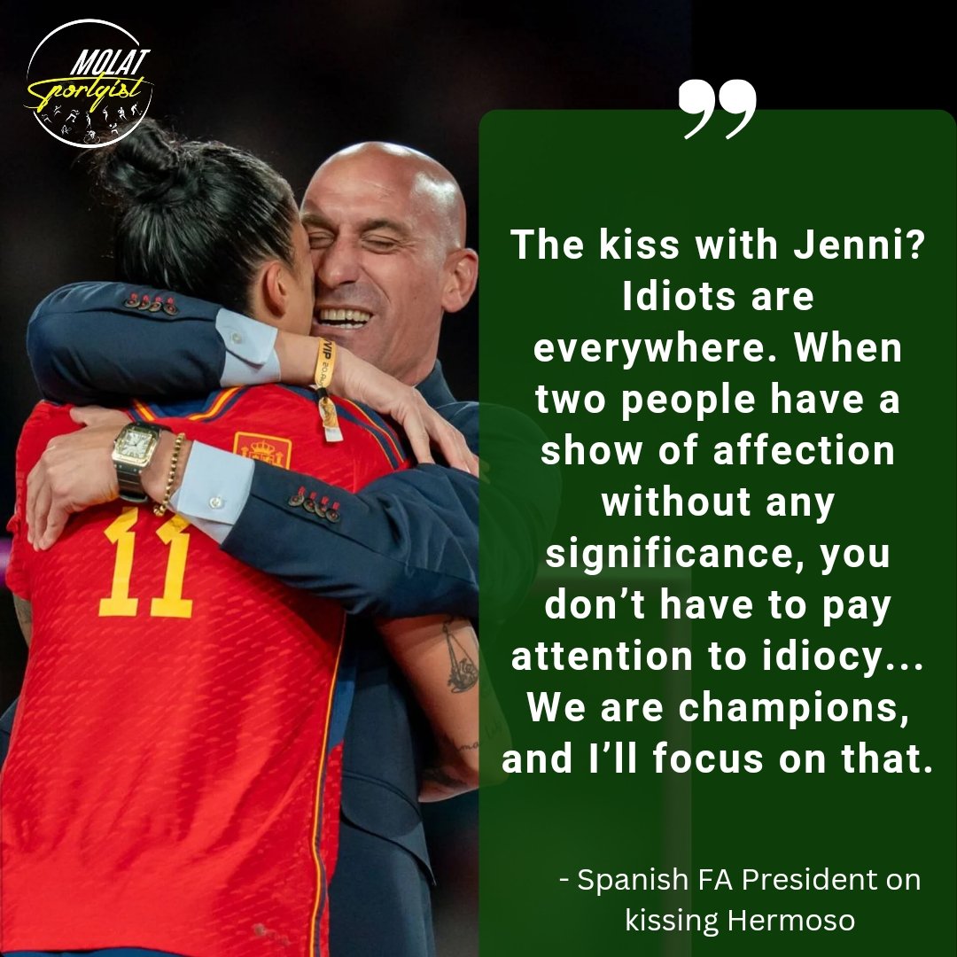 Molatsportgist_'s tweet image. The Spanish football federation president Luis Rubiales has responded to &quot;IDIOTS&quot; questioning his unconsented kiss on Jenni Hermoso&apos;s lips.

Thoughts? 👇🏽

#FIFAWWCwithMOLAT #Molarsportgist #FIFAWWC