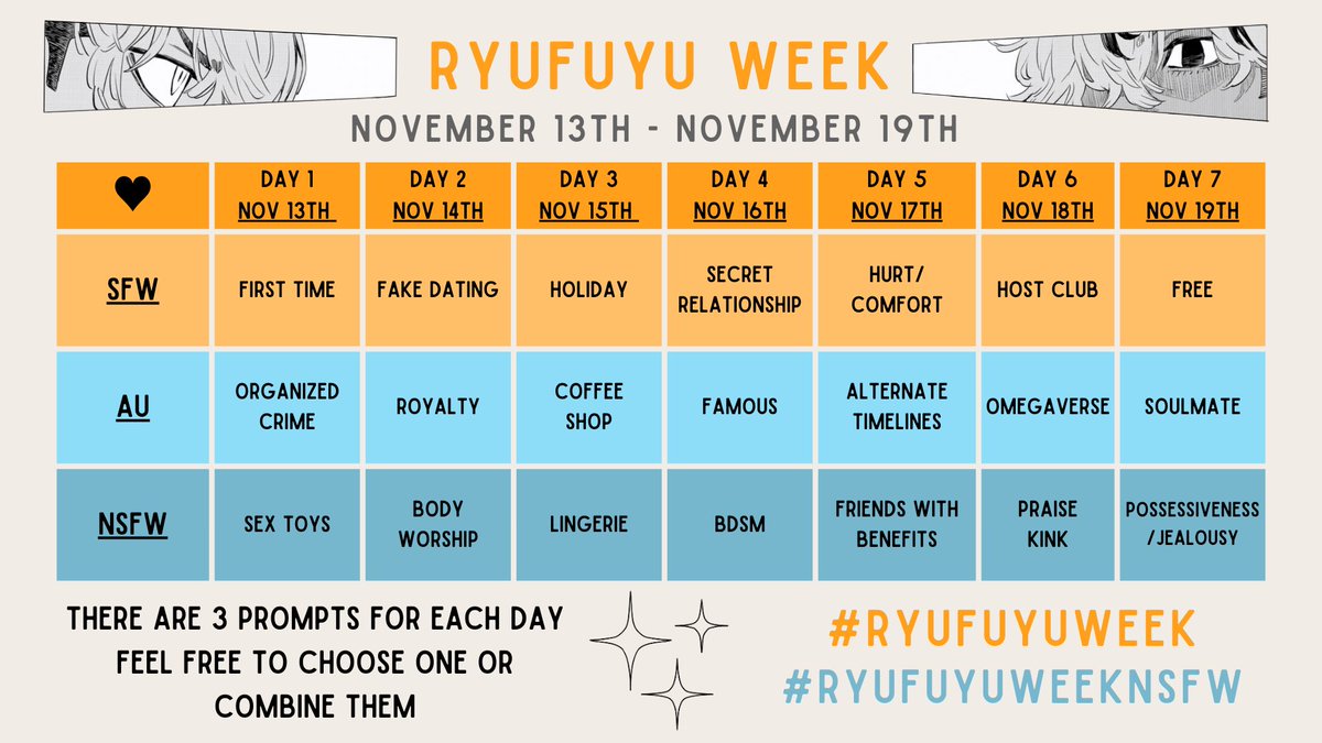 #RyuFuyuWeek will be held November 13th through November 19th! 🐍❄️

We are so stoked to see what you guys come up with! 🧡🩵

If you have any questions or concerns, please feel free to DM us or comment under this tweet! 

For rules &amp; more info, please check out our carrd!