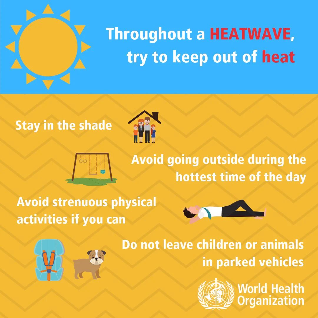 Throughout a #heatwave, try to beat the heat:
✔️Stay in the shade
🌡️Avoid going outside during the hottest time of the day
🏃Avoid strenuous physical activities if you can
🚘Do not leave children or animals in cars

Learn how to stay cool 😎 in our Q&amp;A:
bit.ly/3QNXq18