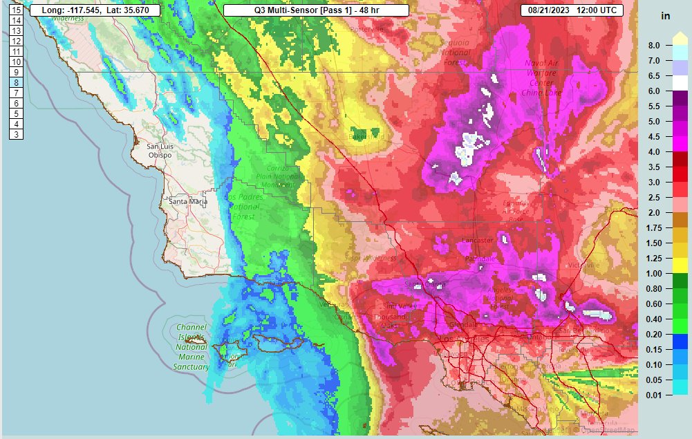 NWSLosAngeles's tweet photo. Graphic of the past 48 hour precipitation amounts 🌧️ #LArain #CAwx #HurricaneHilary #tropicalstormhillary https://t.co/auxKbVzQBb