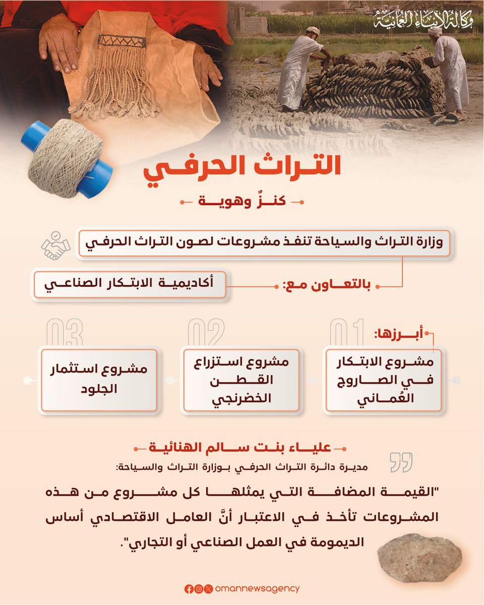 وزارة التراث والسياحة تنفذ مشروعات لصون التراث الحرفي بالتعاون مع أكاديمية الابتكار الصناعي.

#العُمانية_انفوجرافكس