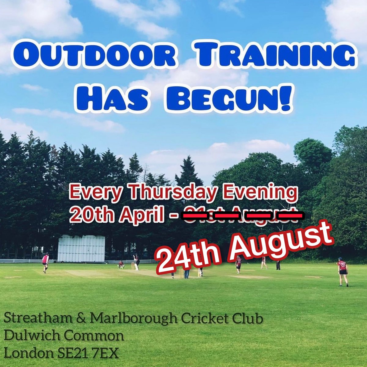Update: last outdoor coached training session is Thursday 24th August 6.30pm.

Indoor training sessions start Thursday 5th October.   

A month off cricket should be enough time for you all to be missing it so terribly you’ll be back to training with a 💥