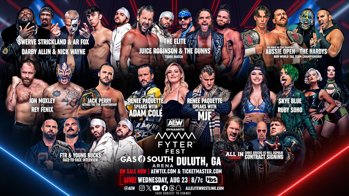 This WEDNESDAY NIGHT, it's #AEWDynamite #FyterFest! Don't miss the LAST #AEWDynamite before #AEWAllIn London, LIVE from Duluth, GA, at 8pm ET/7pm CT on @tbsnetwork! 🎟 AEWTIX.com