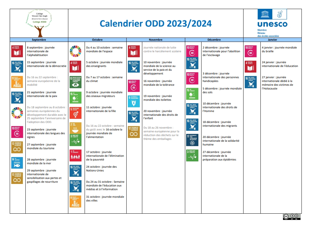 Olivier STOCK on X: Le @collegevangogh nous propose un calendrier #ODD  pour l'année scolaire 2023/2024 avec des journées et semaines mondiales  célébrées par @ONU_fr et @UNESCO_fr et des journées nationales et  européennes