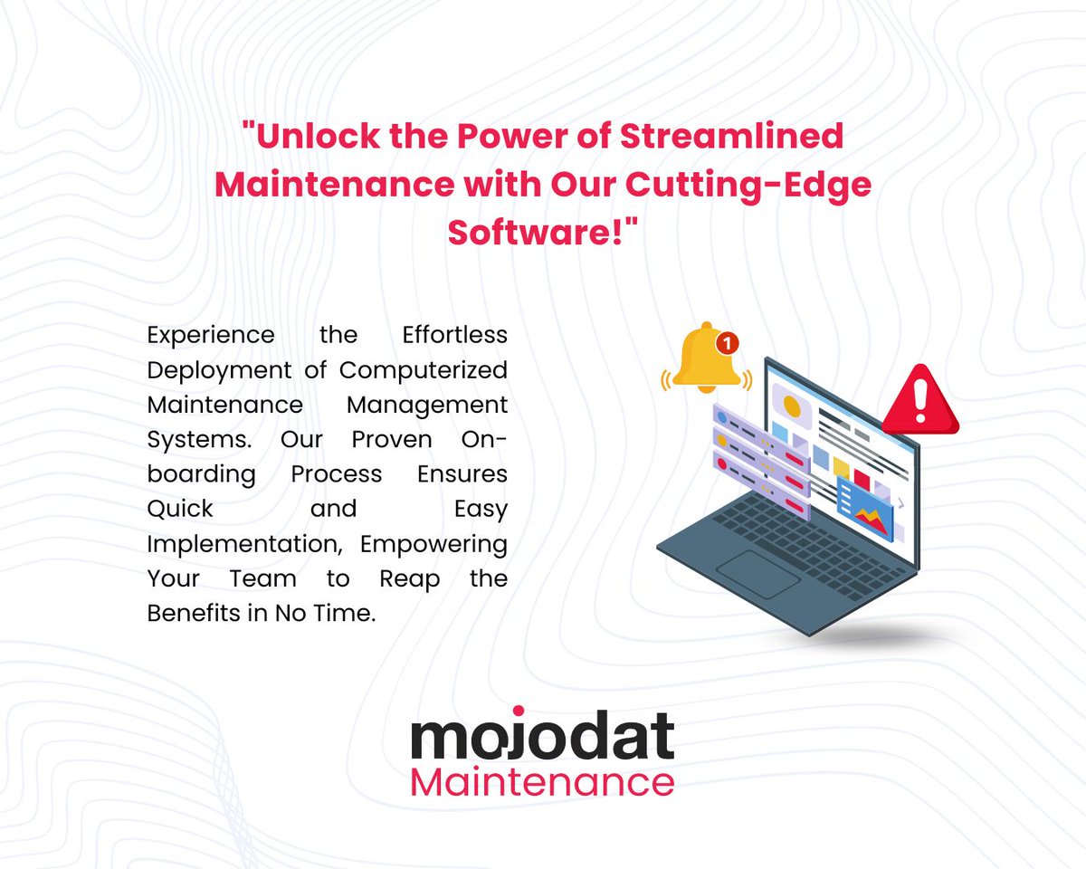transteksys's tweet photo. Don't let maintenance challenges slow you down. Upgrade to Mojodat software solution and experience smoother operations, reduced downtime, and increased productivity. #maintenancemanagementsystem #maintenancesoftwareUAE #preventivemaintenanceschedules #maintenanceoperations https://t.co/RE9mw5FQlB