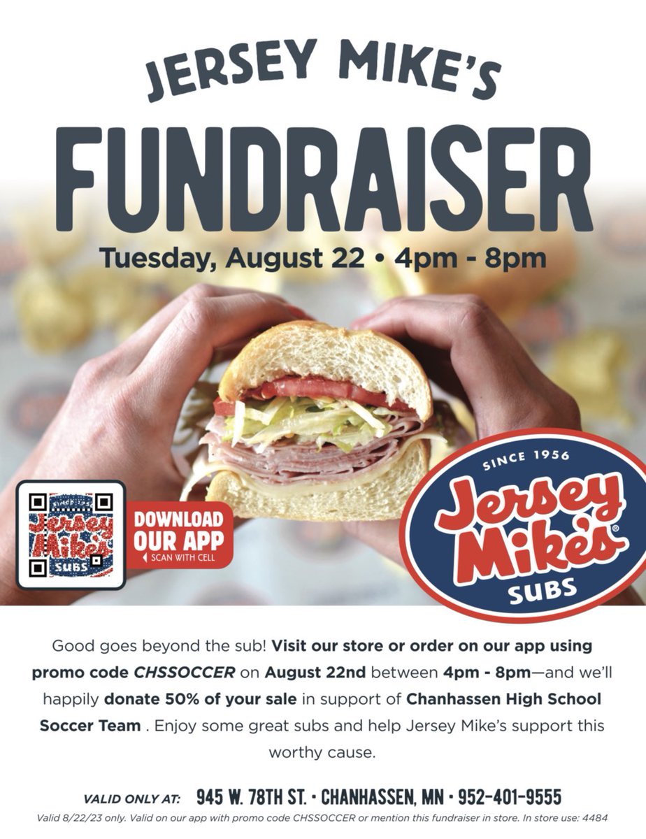 JERSEY MIKES FUNDRAISER!! Stop in and get something to eat between 4pm-8pm on August 22nd to support Chanhassen Soccer!! Please make sure to mention Chanhassen high school soccer at checkout or use the code CHSSOCCER to allow us to get 50% of the sale! 💙💛