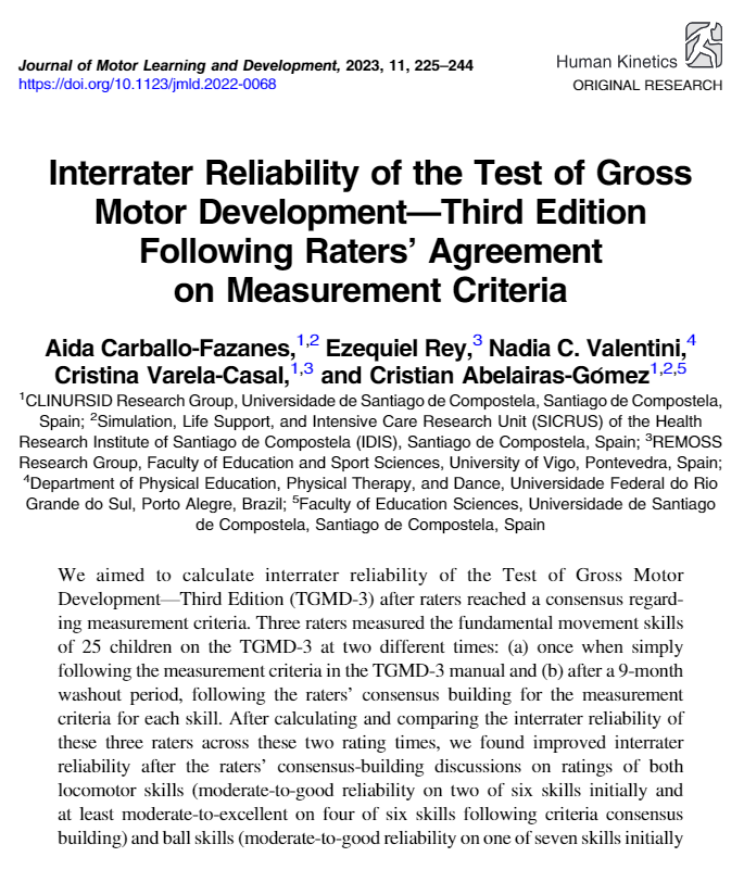 Human_Kinetics's tweet photo. Check out original #openaccess research from @JMLDjournal! Interrater Reliability of the Test of Gross Motor Development—Third Edition Following Raters’ Agreement on Measurement Criteria https://t.co/hu4d22JmGG #motorcompetence #motorassessment #motorskills https://t.co/uu7luEMpZ4