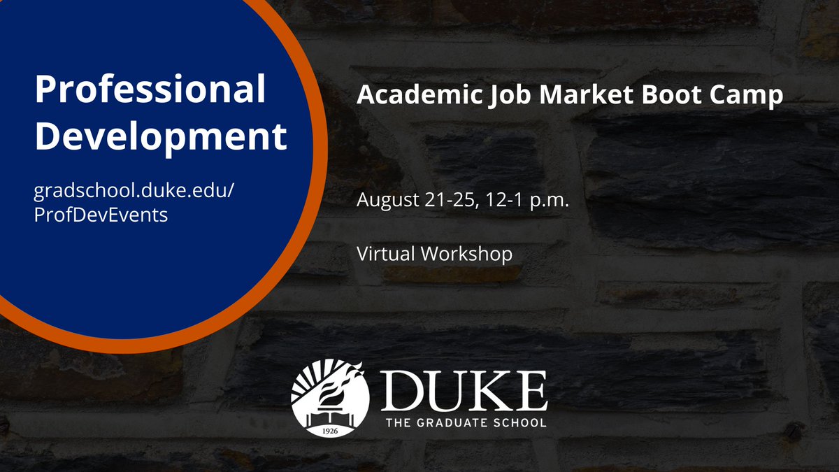 DukeGradSchool's tweet photo. Don't miss the Academic Job Market Boot Camp, where doctoral students, Ph.D.s, and postdocs can strengthen their application package.📝 Join these workshops to improve your cover letter, research statement, teaching statement, and much more! #GradProfDev

https://t.co/29yM7CdHnO https://t.co/KoRZpwVv6A